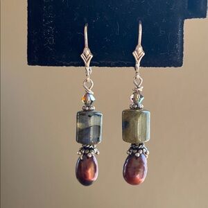 925 Sterling Silver Dyed Pearl & Natural Stone Drop Earrings w/ Crystal Accent